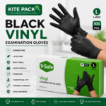V-Safe Black Vinyl Examination Gloves – Powder Free | Large Size | 100 PCS