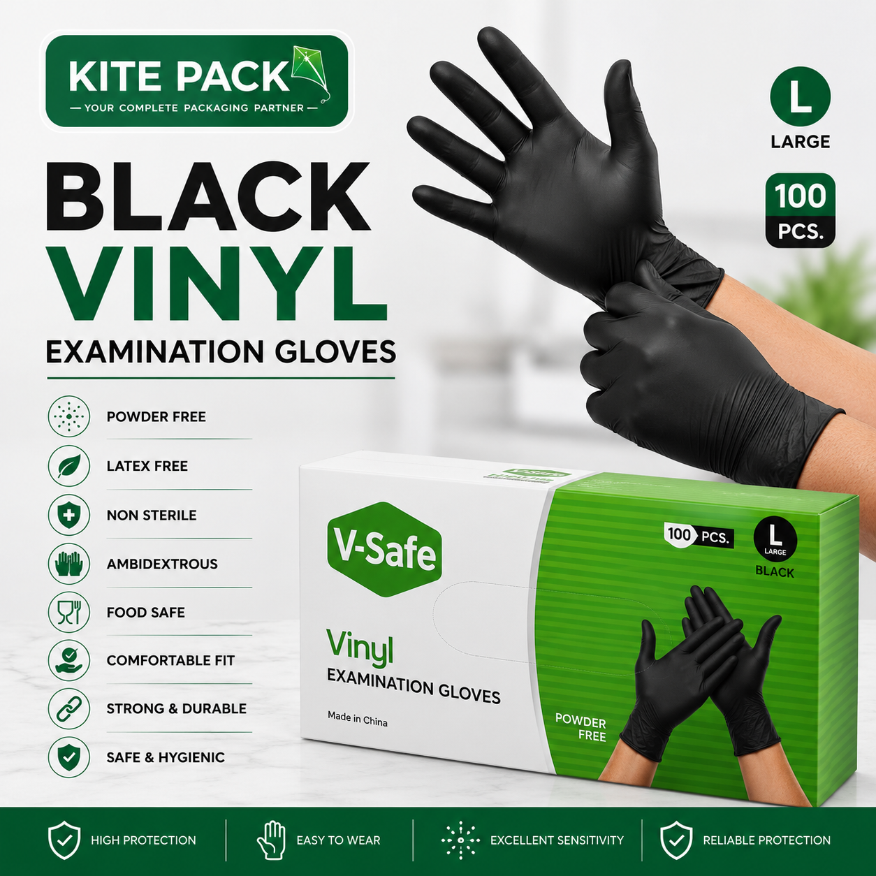 KITE PACK VINYL GLOVES V-Safe Black Vinyl Examination Gloves – Powder Free | Large Size | 100 PCS - Image 1